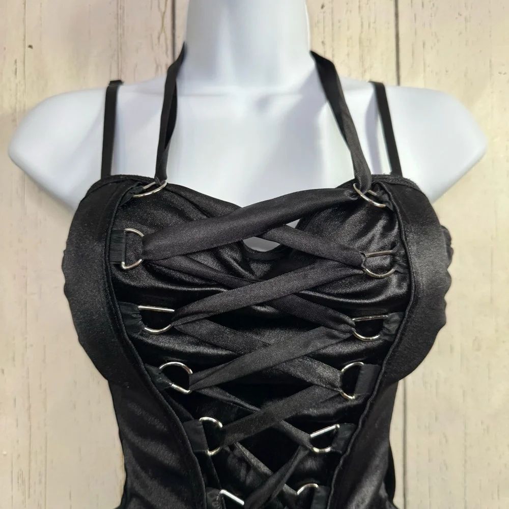 Gothic Black Lace Up Corset Top Spirit Halloween M Y2K Burlesque Festivalwear - Picture 3 of 16